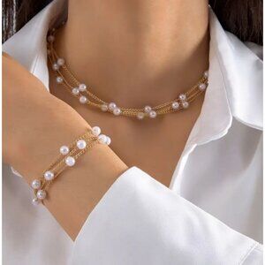 Elegant French Style 2-Piece, Multilayer Pearl Necklace and Bracelet Combo